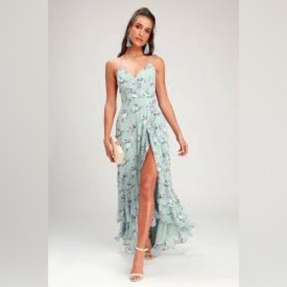 Lulus Floral High-Low Maxi Wedding Guest Dress In Love Forever Sage Green